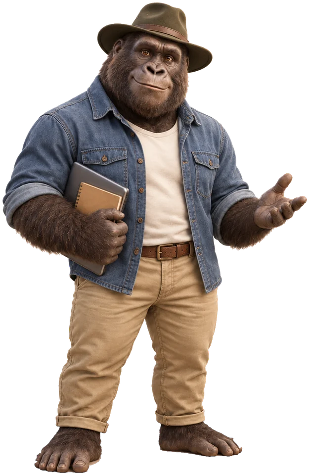 Bruce in a bush hat, denim jacket and khaki trousers, a notebook under one arm and the other hand held open.