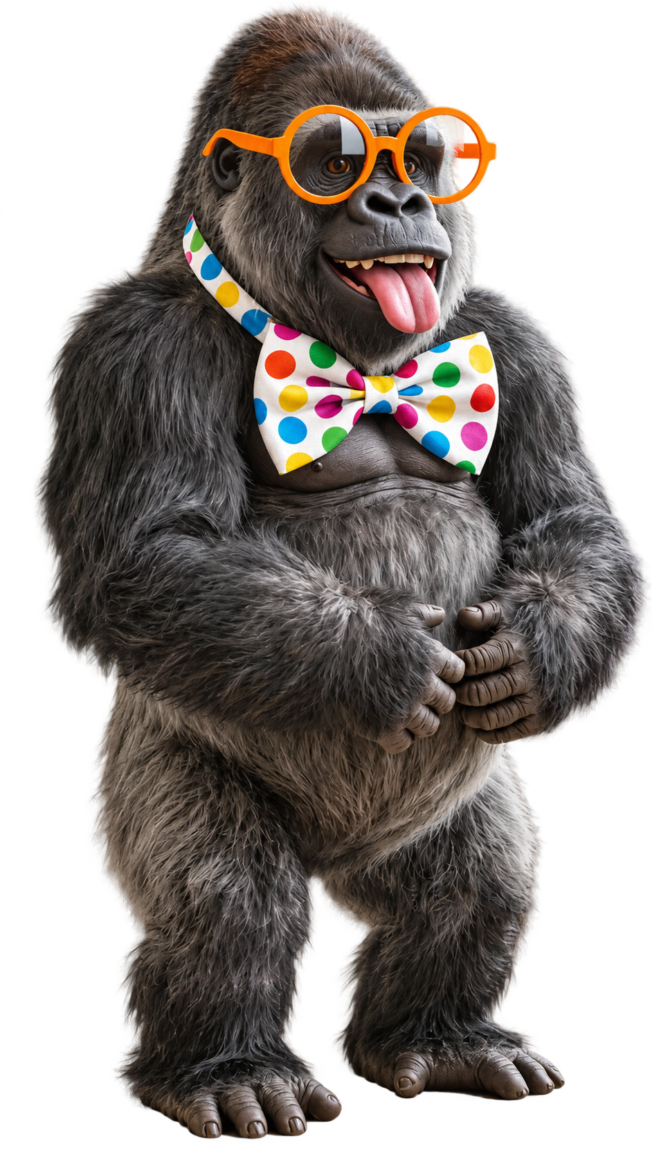 Murphee the gorilla wearing orange glasses and a spotted bow tie.
